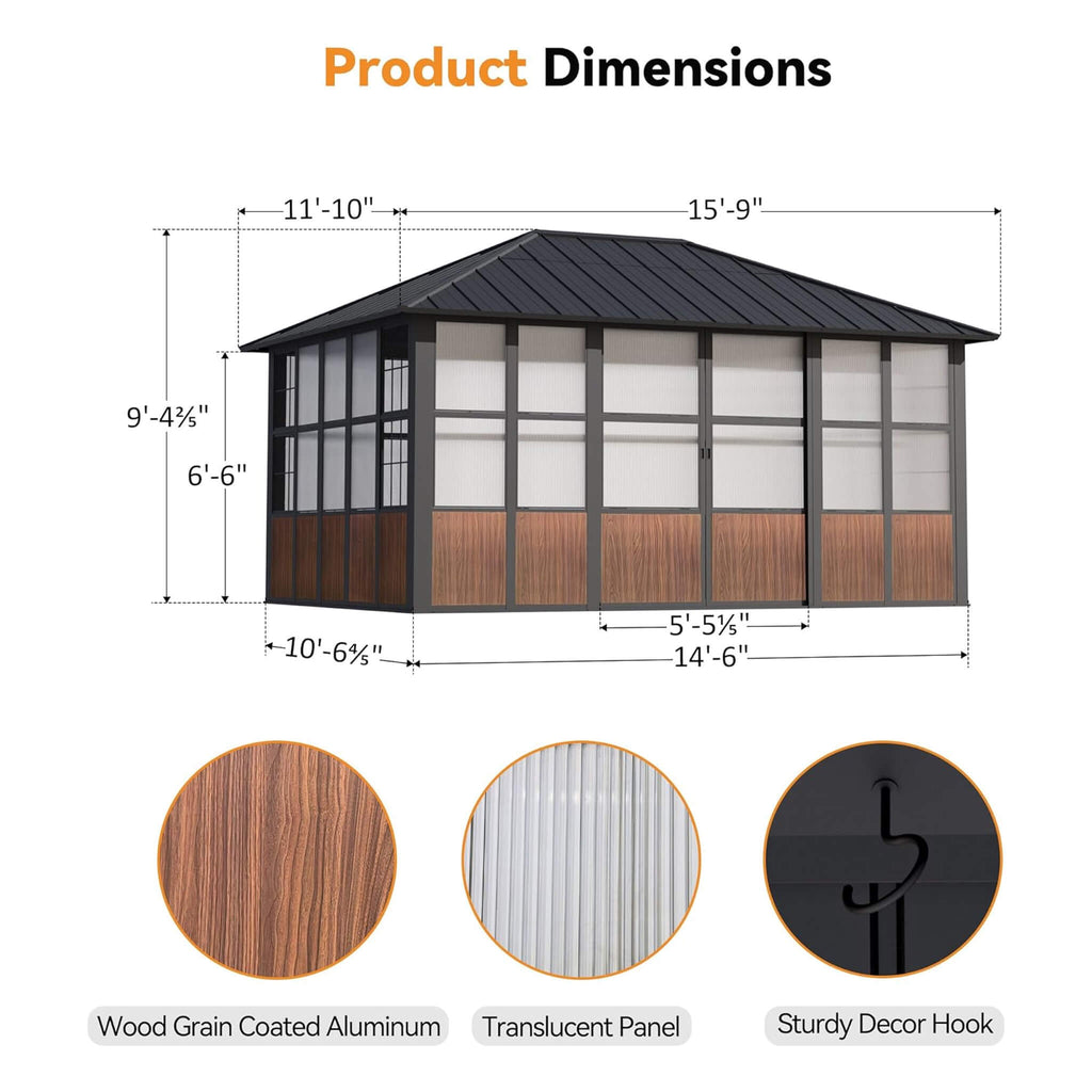 Premium Hardtop Aluminum Sunroom Solarium With TV Mount And Sliding Doors (SAK60439)  - Saksby Wholesale - 12X16FT Dimensions