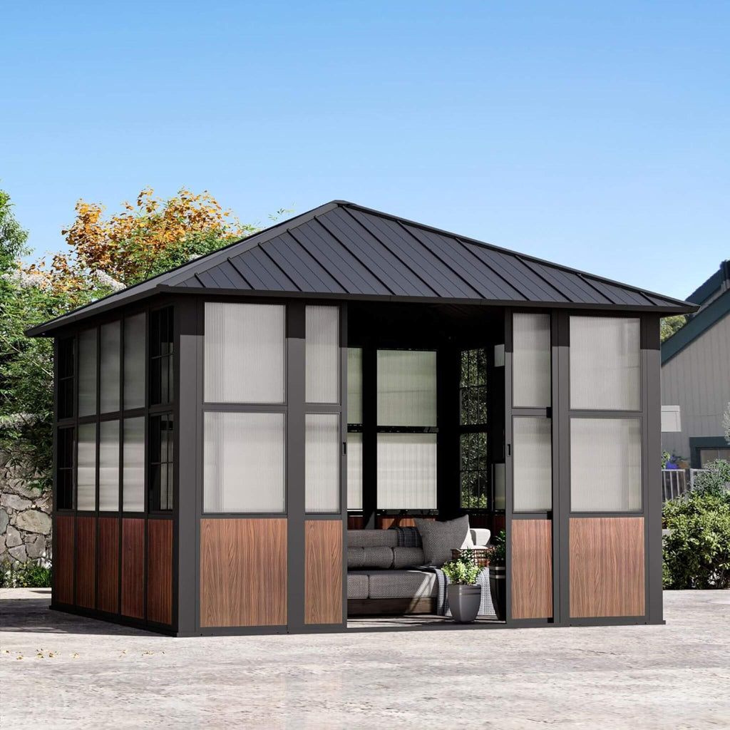 Premium Hardtop Aluminum Sunroom Solarium With TV Mount And Sliding Doors (SAK60439)  - Saksby Wholesale - Lifestyle Front Right View In Backyard