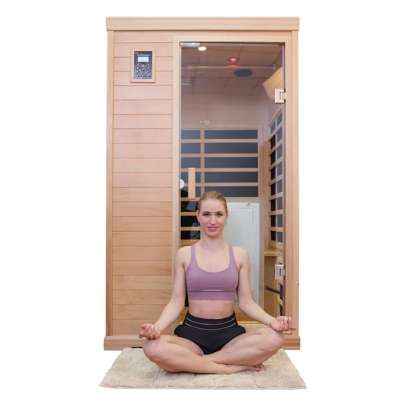Premium Hemlock Wood Two Person FAR Infrared Sauna Room W/ Glass Door, 1750W Demonstration View