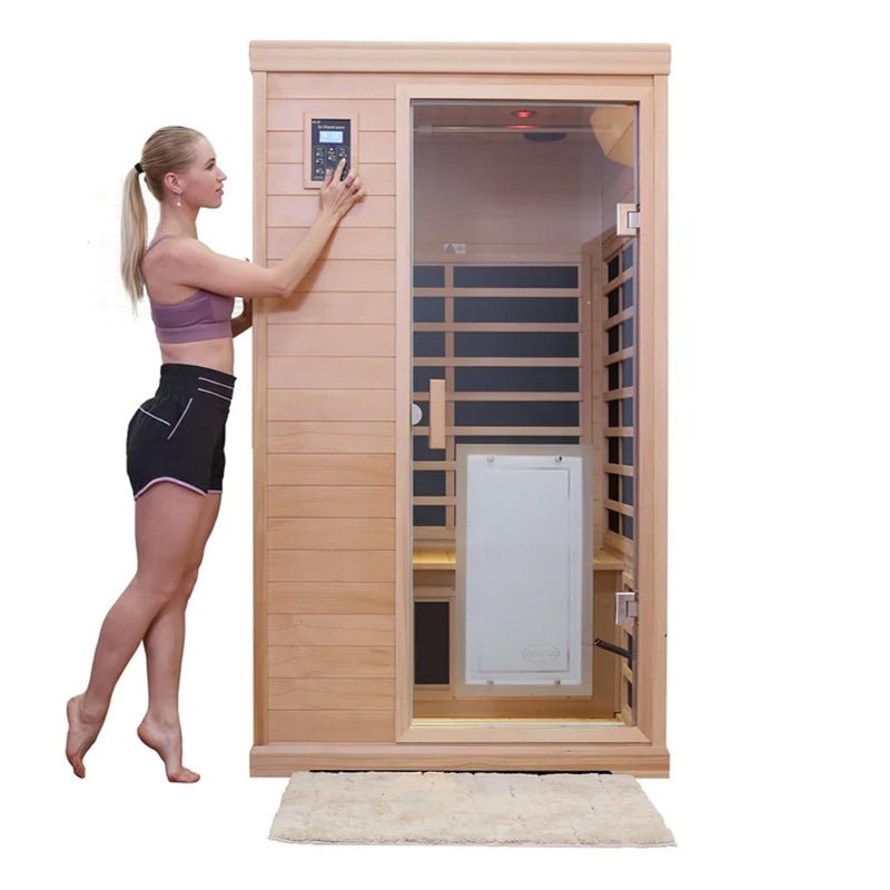Premium Hemlock Wood Two Person FAR Infrared Sauna Room W/ Glass Door, 1750W Demonstration View