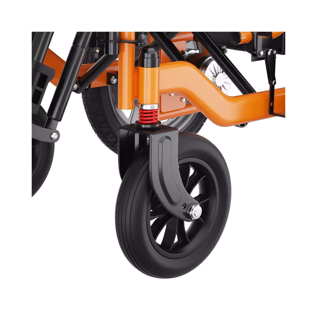 Premium Lightweight Electric Full Reclining Motorized Foldable Wheelchair (SAK91516) SAKSBY - Front Left Wheel View