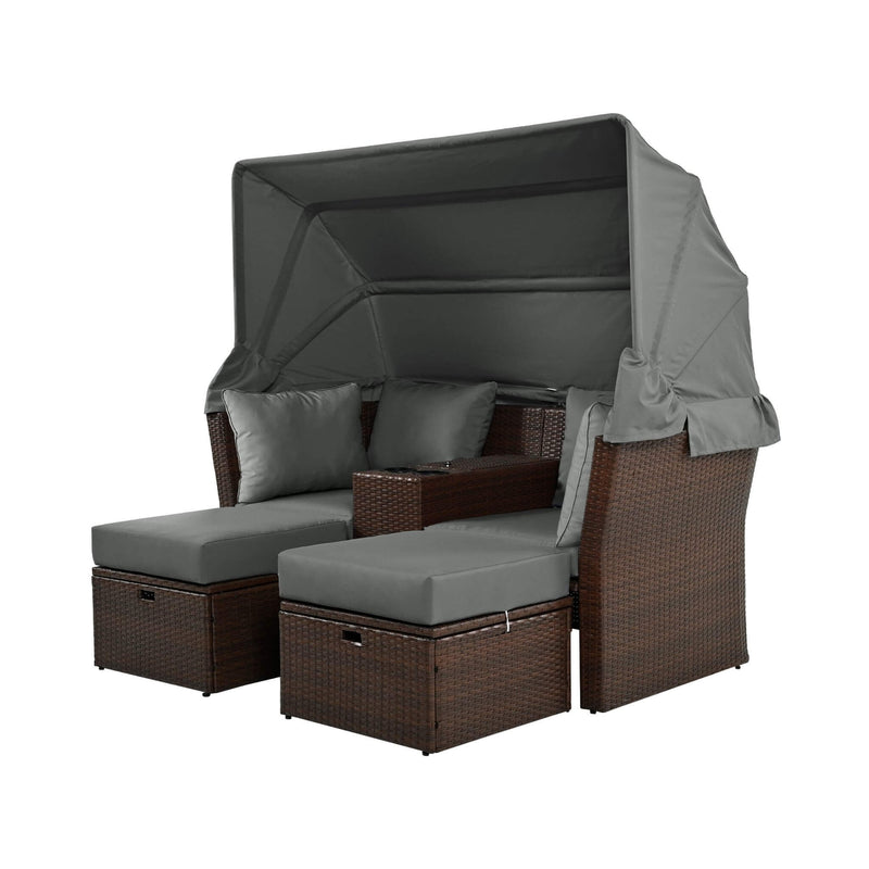 Premium Outdoor 2-Seater Patio Daybed With Foldable Awning, Cushions, And Rattan Frame (SAK90233) - Saksby Wholesale - Expanded Awning White Background