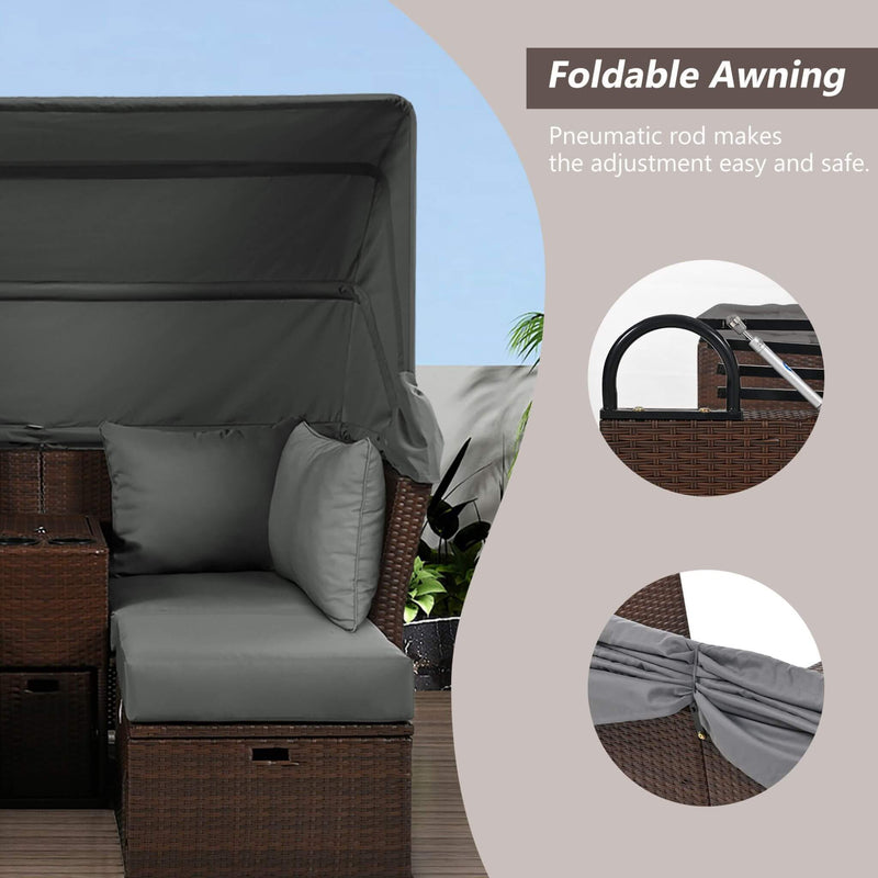 Premium Outdoor 2-Seater Patio Daybed With Foldable Awning, Cushions, And Rattan Frame (SAK90233) - Saksby Wholesale - Foldable Awning