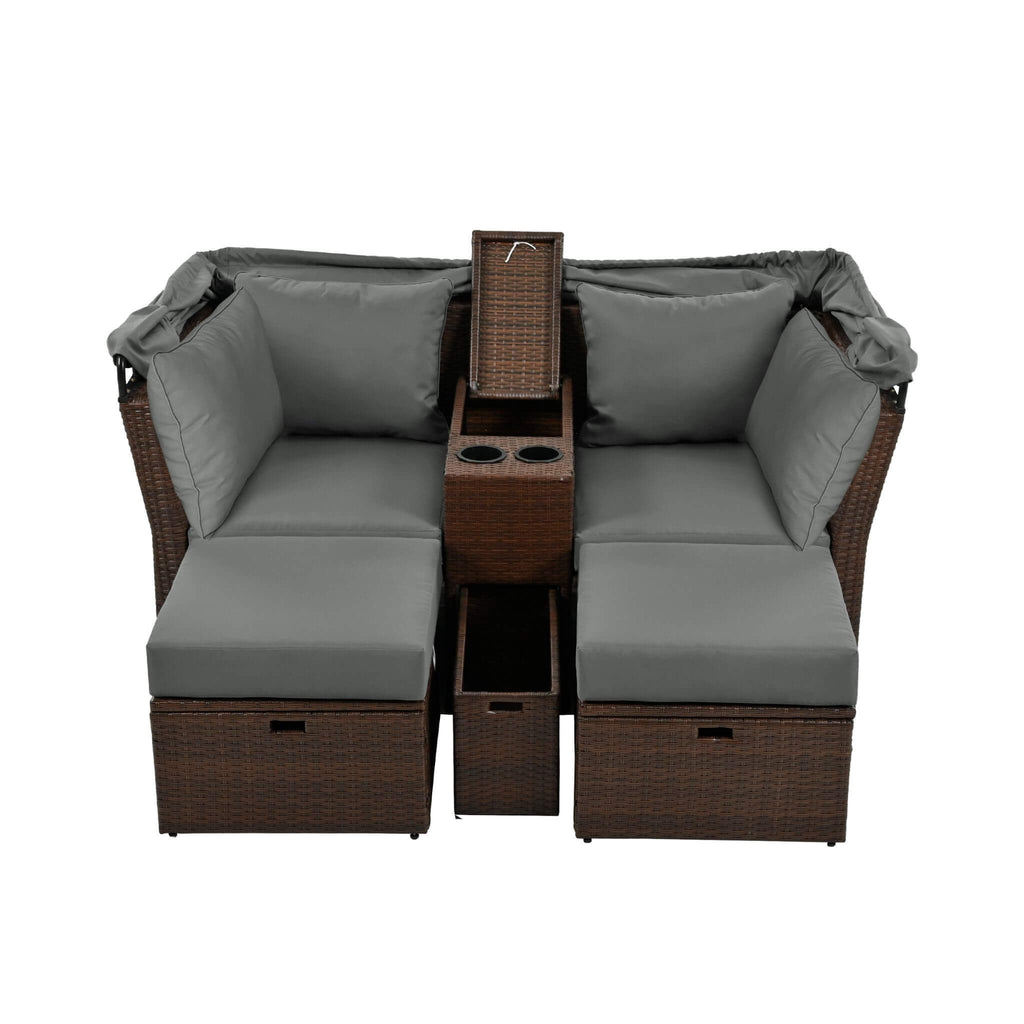 Premium Outdoor 2-Seater Patio Daybed With Foldable Awning, Cushions, And Rattan Frame (SAK90233) - Saksby Wholesale - Folded Awning White Background