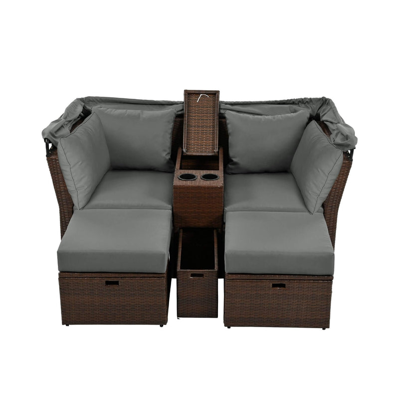 Premium Outdoor 2-Seater Patio Daybed With Foldable Awning, Cushions, And Rattan Frame (SAK90233) - Saksby Wholesale - Folded Awning White Background
