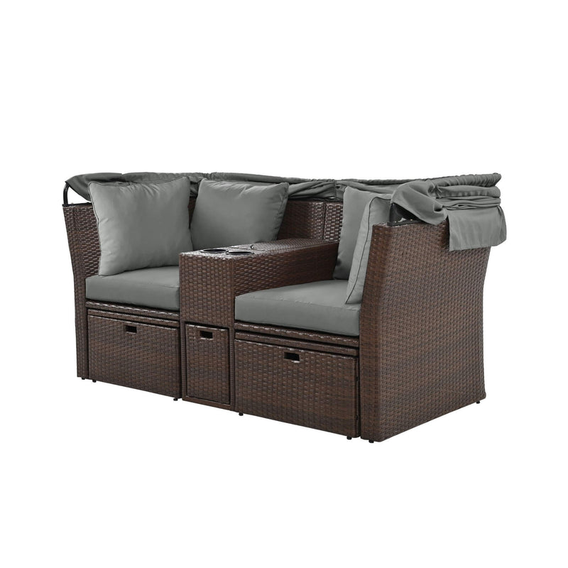 Premium Outdoor 2-Seater Patio Daybed With Foldable Awning, Cushions, And Rattan Frame (SAK90233) - Saksby Wholesale - Folded Awning