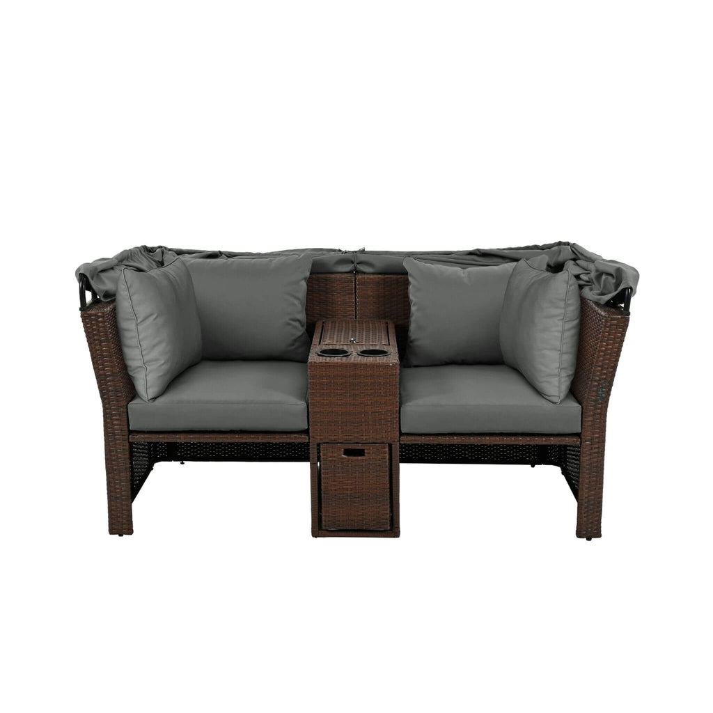 Premium Outdoor 2-Seater Patio Daybed With Foldable Awning, Cushions, And Rattan Frame (SAK90233) - Saksby Wholesale - 
Folded Awning Front View
