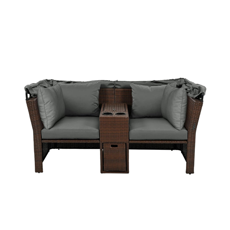 Premium Outdoor 2-Seater Patio Daybed With Foldable Awning, Cushions, And Rattan Frame (SAK90233) - Saksby Wholesale - 
Folded Awning Front View