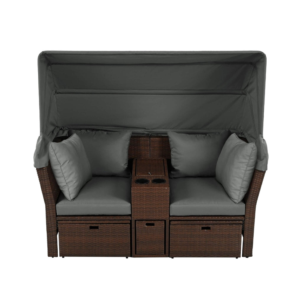 Premium Outdoor 2-Seater Patio Daybed With Foldable Awning, Cushions, And Rattan Frame (SAK90233) - Saksby Wholesale - Front View Daybed
