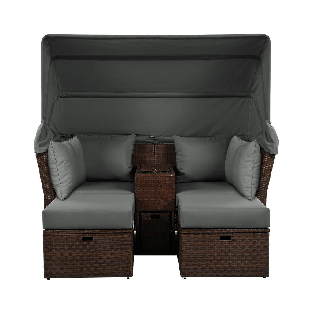 Premium Outdoor 2-Seater Patio Daybed With Foldable Awning, Cushions, And Rattan Frame (SAK90233) - Saksby Wholesale - Front View Full Setup