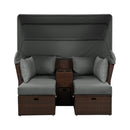 Premium Outdoor 2-Seater Patio Daybed With Foldable Awning, Cushions, And Rattan Frame (SAK90233) - Saksby Wholesale - Front View Full Setup