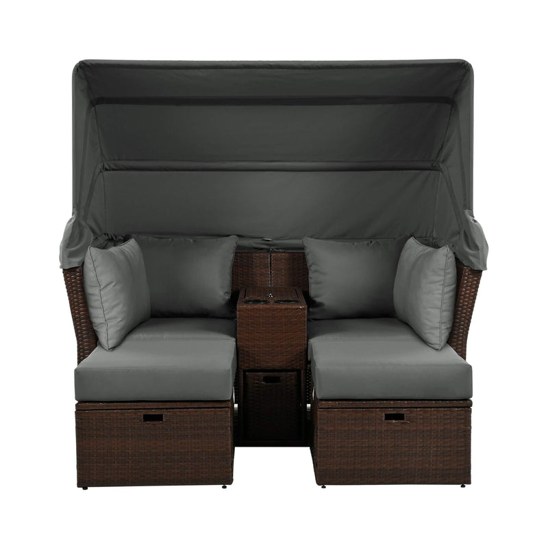 Premium Outdoor 2-Seater Patio Daybed With Foldable Awning, Cushions, And Rattan Frame (SAK90233) - Saksby Wholesale - Front View Full Setup