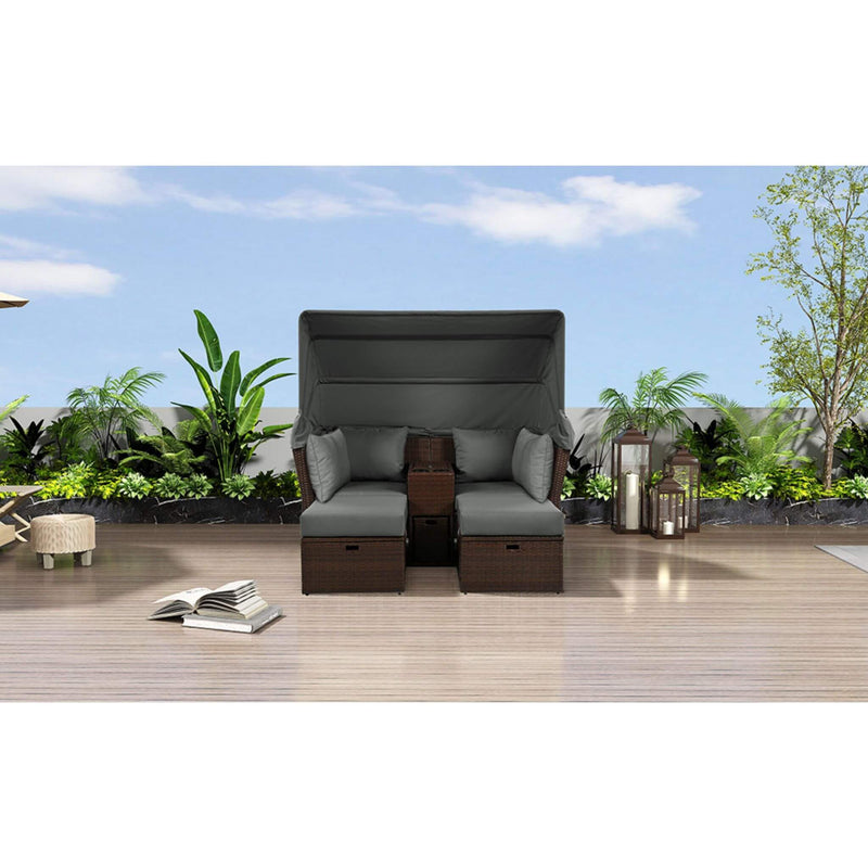 Premium Outdoor 2-Seater Patio Daybed With Foldable Awning, Cushions, And Rattan Frame (SAK90233) - Saksby Wholesale - Front View Lifestyle