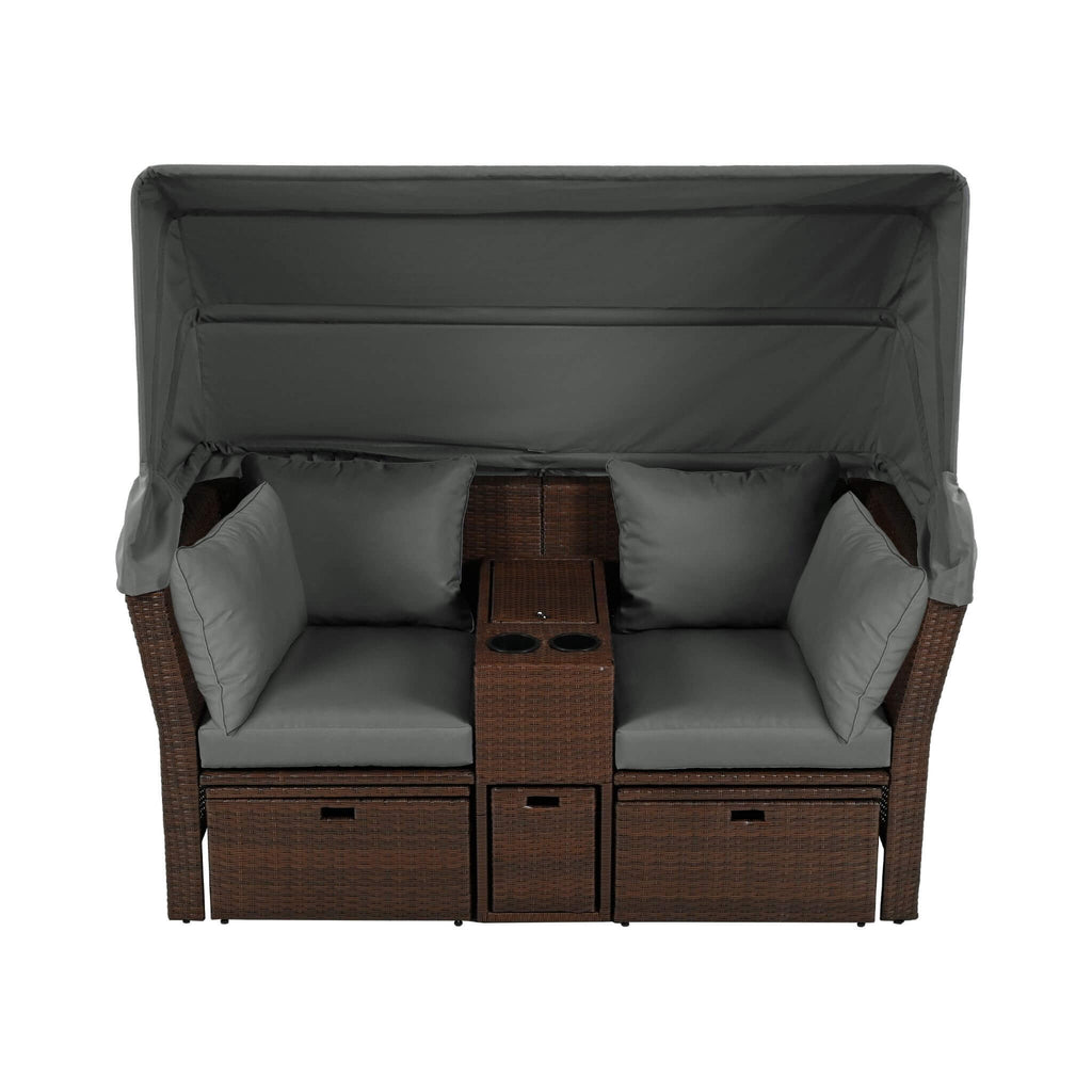 Premium Outdoor 2-Seater Patio Daybed With Foldable Awning, Cushions, And Rattan Frame (SAK90233) - Saksby Wholesale - Front View Open Awning