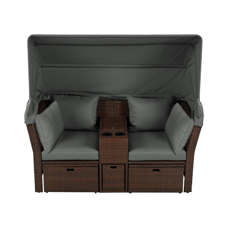 Premium Outdoor 2-Seater Patio Daybed With Foldable Awning, Cushions, And Rattan Frame (SAK90233) - Saksby Wholesale - Front View Open Awning