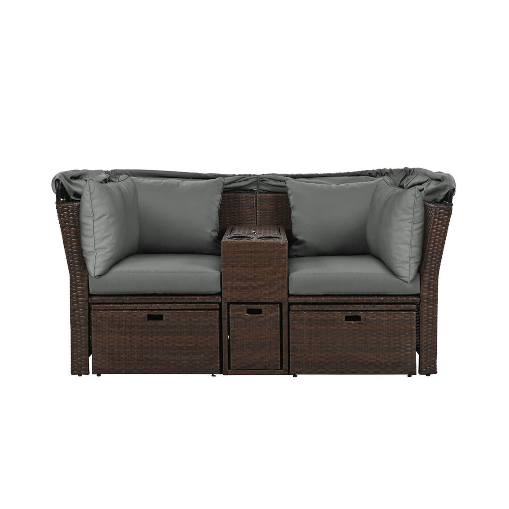 Premium Outdoor 2-Seater Patio Daybed With Foldable Awning, Cushions, And Rattan Frame (SAK90233) - Saksby Wholesale - Front View White Background