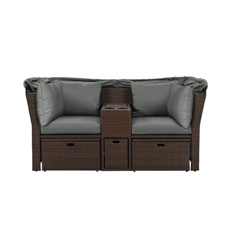 Premium Outdoor 2-Seater Patio Daybed With Foldable Awning, Cushions, And Rattan Frame (SAK90233) - Saksby Wholesale - Front View White Background