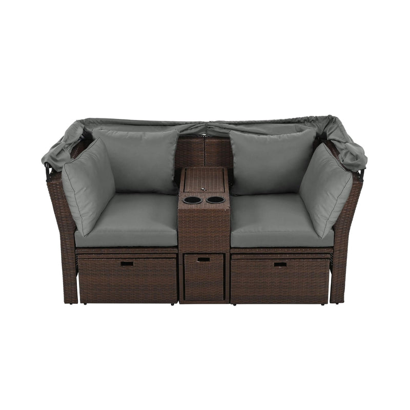 Premium Outdoor 2-Seater Patio Daybed With Foldable Awning, Cushions, And Rattan Frame (SAK90233) - Saksby Wholesale - Front View Daybed