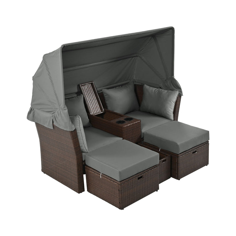 Premium Outdoor 2-Seater Patio Daybed With Foldable Awning, Cushions, And Rattan Frame (SAK90233) - Saksby Wholesale - Full Product Setup