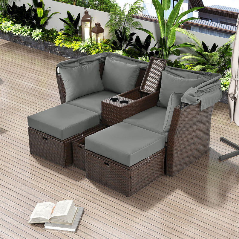 Premium Outdoor 2-Seater Patio Daybed With Foldable Awning, Cushions, And Rattan Frame (SAK90233) - Saksby Wholesale - Lifestyle