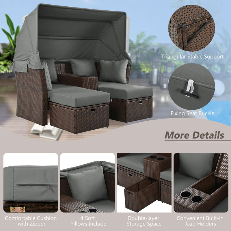 Premium Outdoor 2-Seater Patio Daybed With Foldable Awning, Cushions, And Rattan Frame (SAK90233) - Saksby Wholesale - More Details
