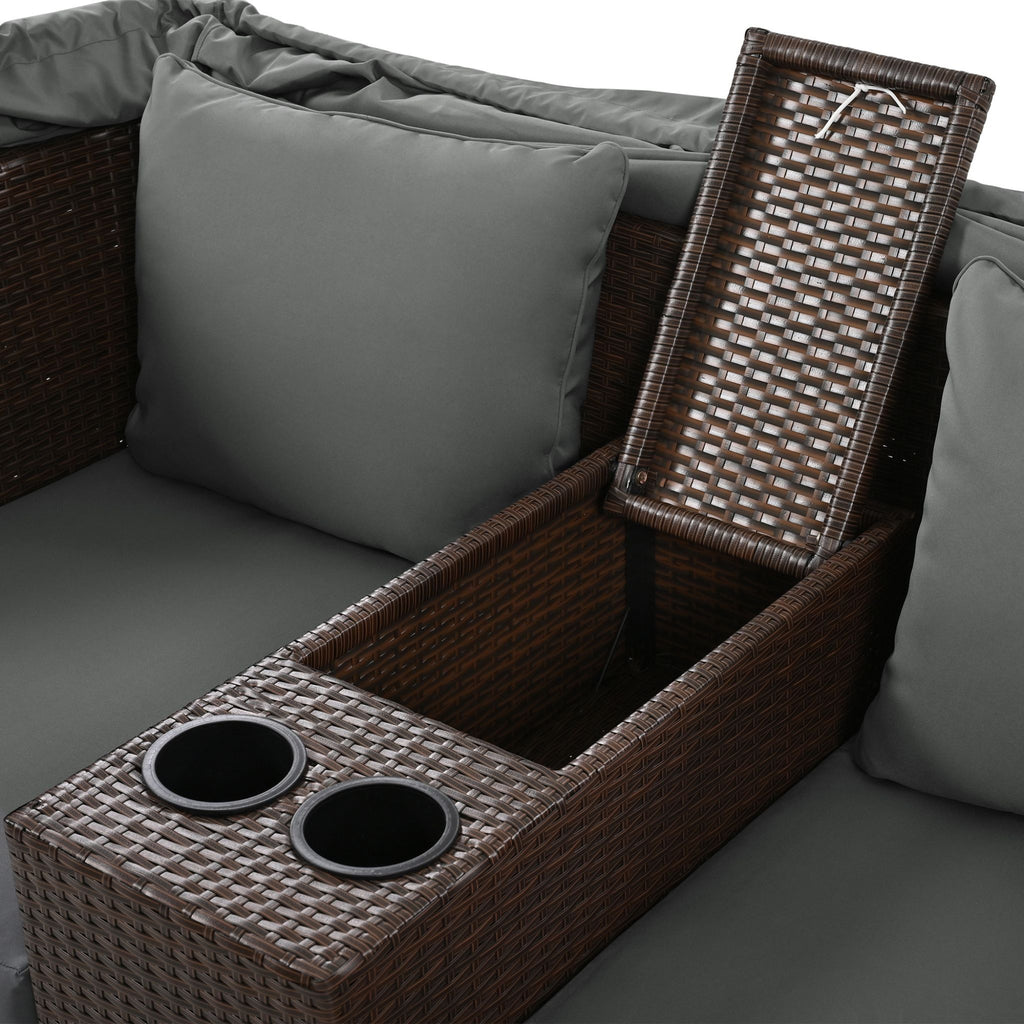 Premium Outdoor 2-Seater Patio Daybed With Foldable Awning, Cushions, And Rattan Frame (SAK90233) - Saksby Wholesale - Open Storage And Cup Holder