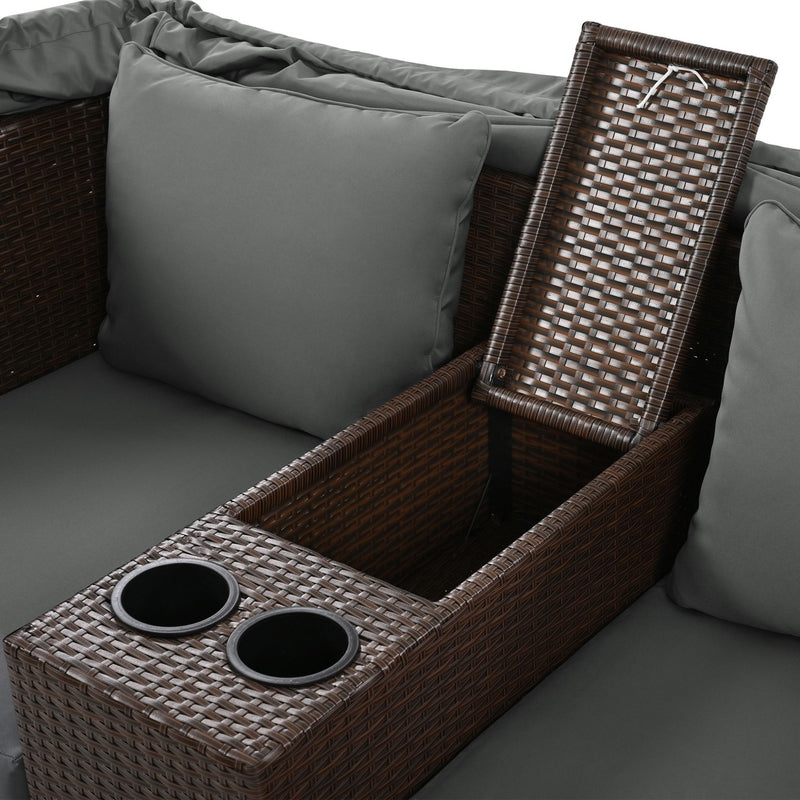 Premium Outdoor 2-Seater Patio Daybed With Foldable Awning, Cushions, And Rattan Frame (SAK90233) - Saksby Wholesale - Open Storage And Cup Holder