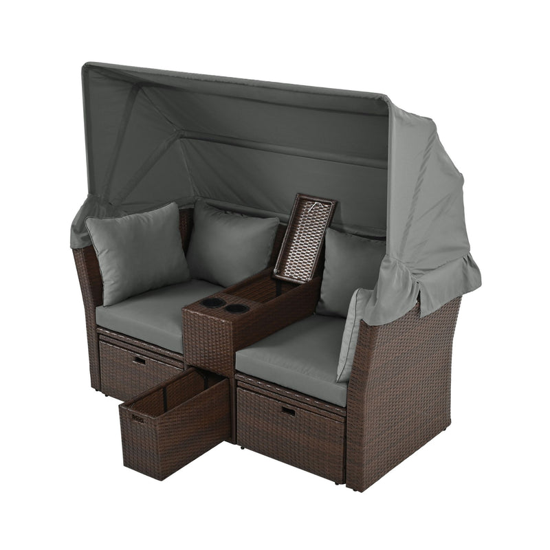 Premium Outdoor 2-Seater Patio Daybed With Foldable Awning, Cushions, And Rattan Frame (SAK90233) - Saksby Wholesale - Open Storage and Awning