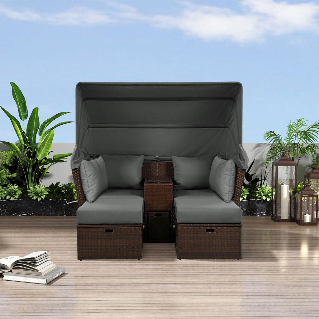 Premium Outdoor 2-Seater Patio Daybed With Foldable Awning, Cushions, And Rattan Frame (SAK90233) - Saksby Wholesale - Outdoor Lifestyle