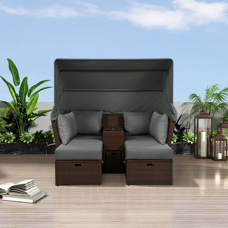 Premium Outdoor 2-Seater Patio Daybed With Foldable Awning, Cushions, And Rattan Frame (SAK90233) - Saksby Wholesale - Outdoor Lifestyle