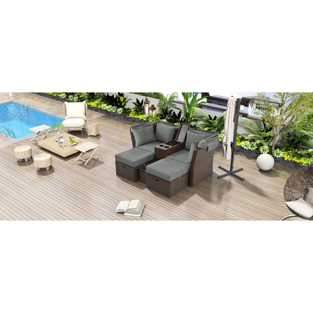Premium Outdoor 2-Seater Patio Daybed With Foldable Awning, Cushions, And Rattan Frame (SAK90233) - Saksby Wholesale - Poolside Lifestyle