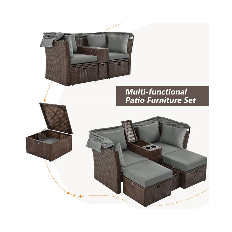 Premium Outdoor 2-Seater Patio Daybed With Foldable Awning, Cushions, And Rattan Frame (SAK90233) - Saksby Wholesale - Set Package