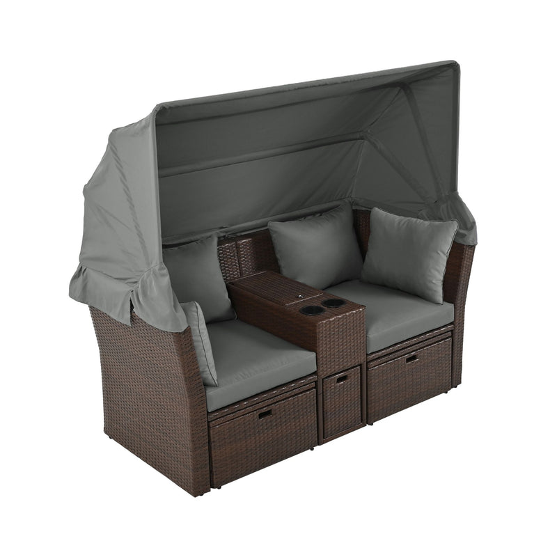 Premium Outdoor 2-Seater Patio Daybed With Foldable Awning, Cushions, And Rattan Frame (SAK90233) - Saksby Wholesale - Side View Expanded Awning