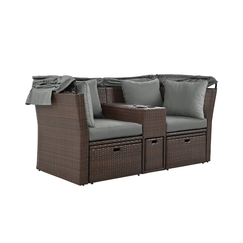 Premium Outdoor 2-Seater Patio Daybed With Foldable Awning, Cushions, And Rattan Frame (SAK90233) - Saksby Wholesale - Side VIew Folded Awning