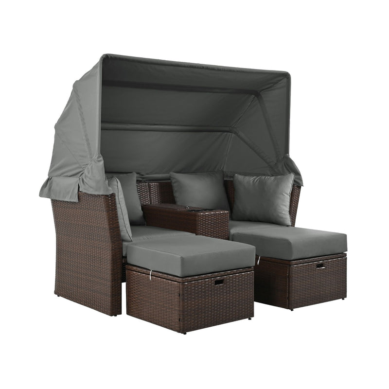 Premium Outdoor 2-Seater Patio Daybed With Foldable Awning, Cushions, And Rattan Frame (SAK90233) - Saksby Wholesale - Side View Full Setup