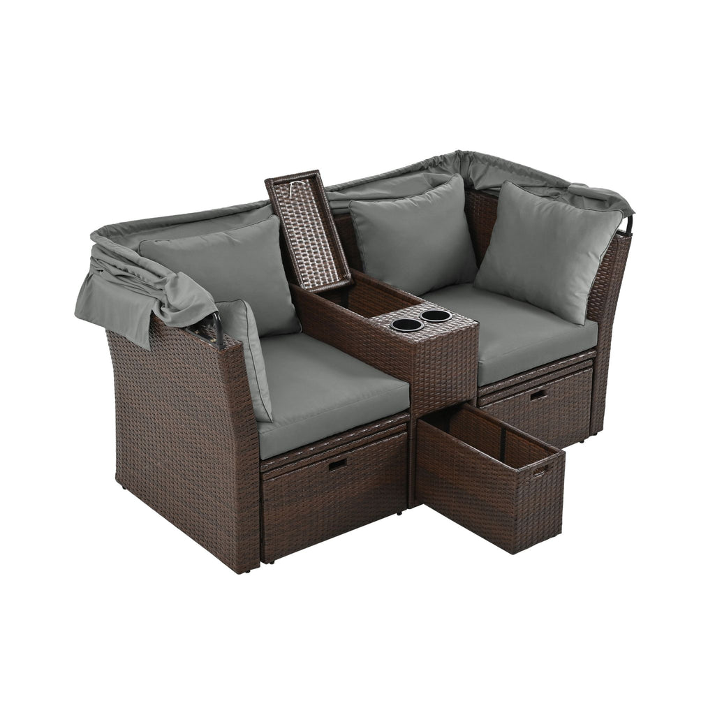 Premium Outdoor 2-Seater Patio Daybed With Foldable Awning, Cushions, And Rattan Frame (SAK90233) - Saksby Wholesale - Side View Open Storage