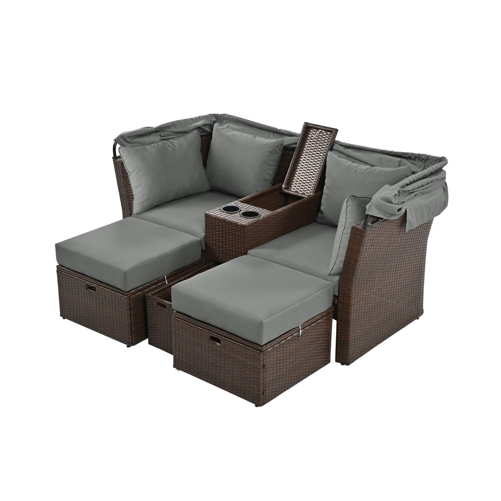 Premium Outdoor 2-Seater Patio Daybed With Foldable Awning, Cushions, And Rattan Frame (SAK90233) - Saksby Wholesale - Storage Compartments