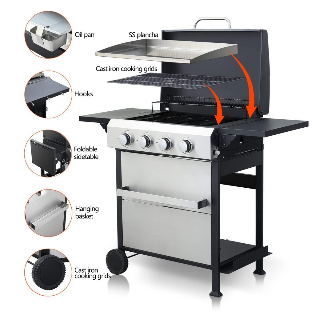Premium Outdoor 4-Burner Propane BBQ Grill With Foldable Side Tables, Hanging Basket, And Cooking Grids (SAK53213) - Saksby Wholesale - Details
