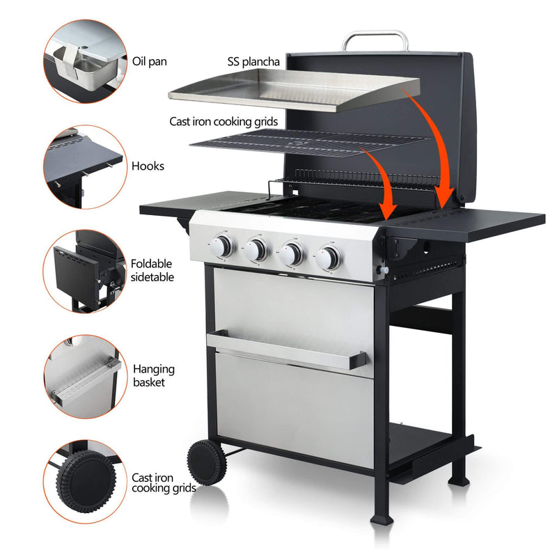 Premium Outdoor 4-Burner Propane BBQ Grill With Foldable Side Tables, Hanging Basket, And Cooking Grids (SAK53213) - Saksby Wholesale - Details