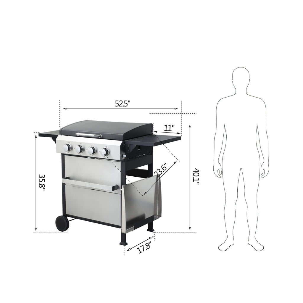 Premium Outdoor 4-Burner Propane BBQ Grill With Foldable Side Tables, Hanging Basket, And Cooking Grids (SAK53213) - Saksby Wholesale - Dimensions