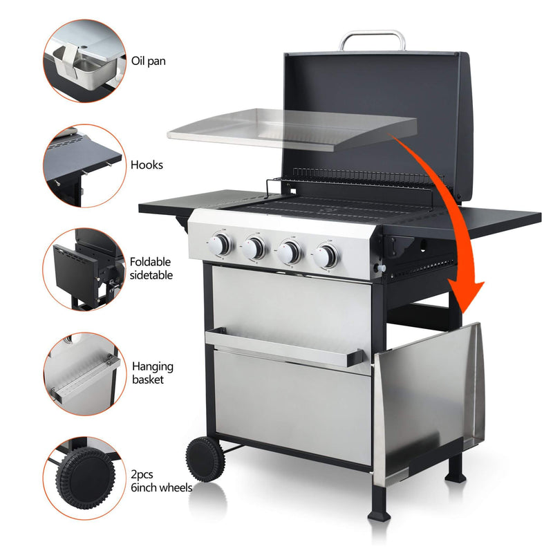Premium Outdoor 4-Burner Propane BBQ Grill With Foldable Side Tables, Hanging Basket, And Cooking Grids (SAK53213) - Saksby Wholesale - Product Details