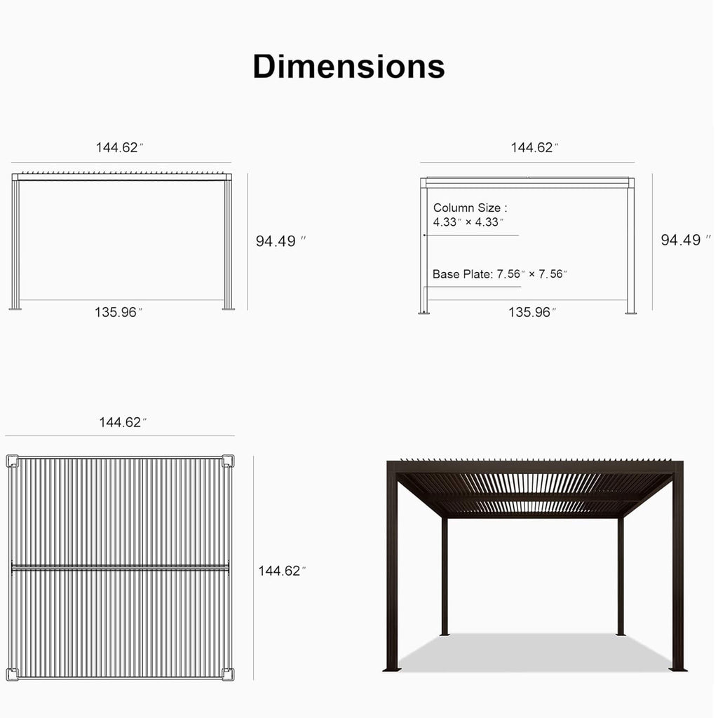 Premium Outdoor Aluminum Louvered Patio Pergola With LED Lights (SAK24896) - Saksby Wholesale - 12X12FT Dimensions