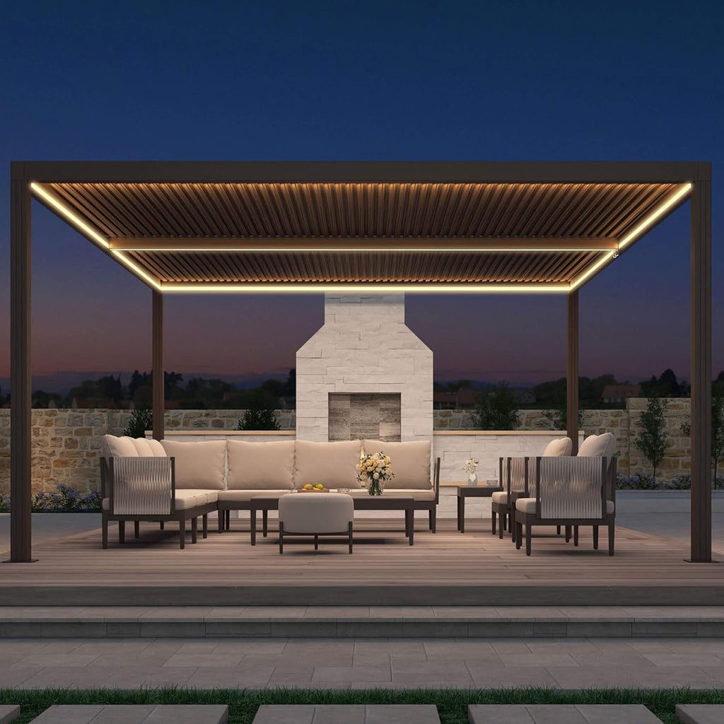 Premium Outdoor Aluminum Louvered Patio Pergola With LED Lights (SAK24896) - Saksby Wholesale - Lifestyle With Furniture Nighttime
