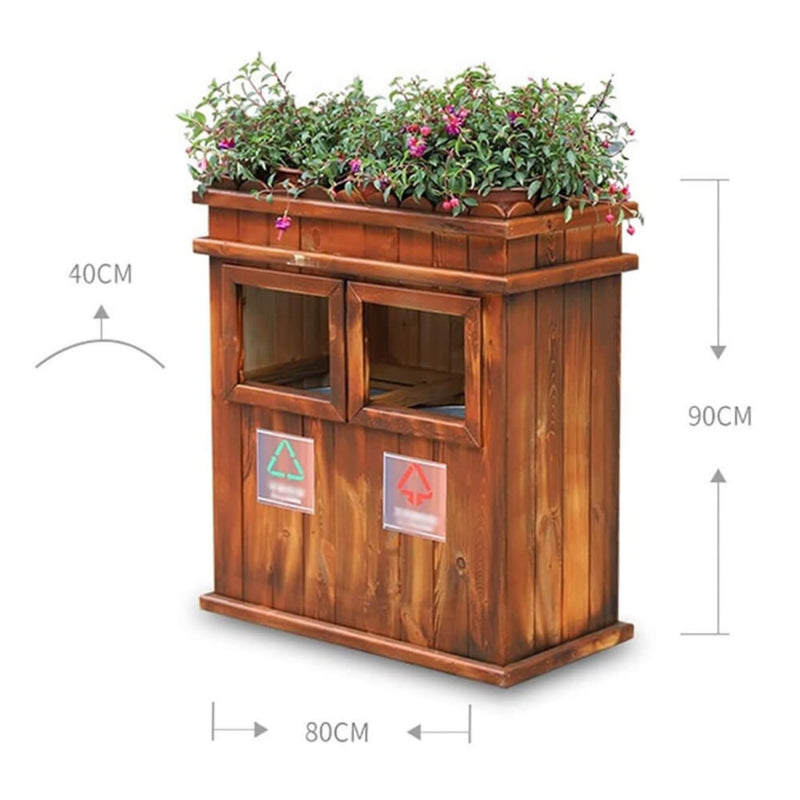 Premium Outdoor Anticorrosive Wooden Commercial Trash Can With Flower Box, 35" (SAK97582) SAKSBY - Dimensions View