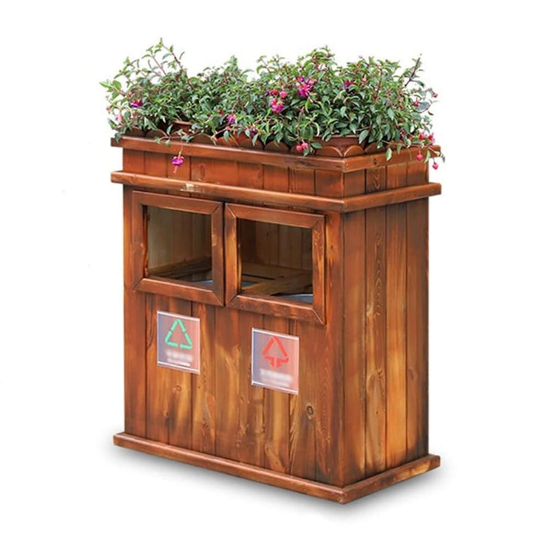 Premium Outdoor Anticorrosive Wooden Commercial Trash Can With Flower Box, 35" (SAK97582) SAKSBY - Front Left View