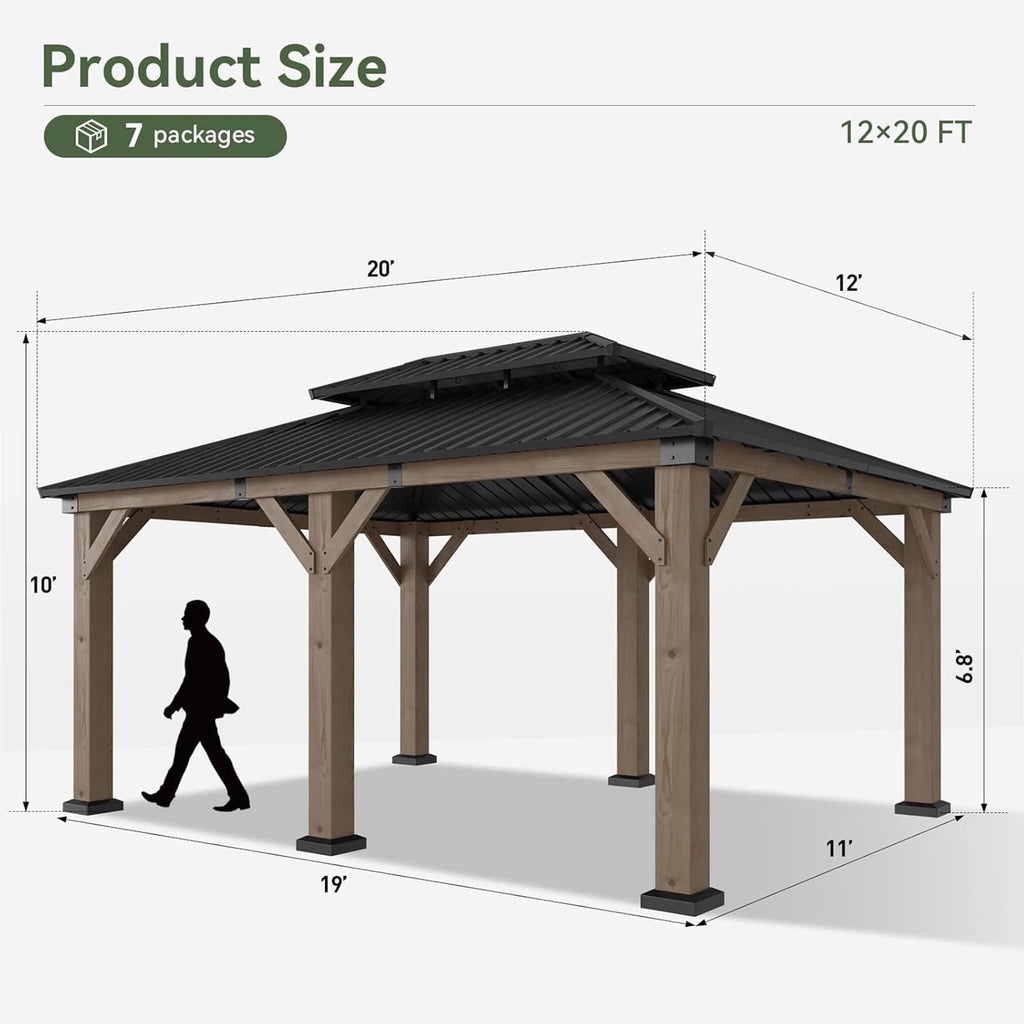 Premium Outdoor Cedar Wood Galvanized Steel Hardtop Gazebo (SAK23907)  - Saksby Wholesale - 12X20FT Dimensions