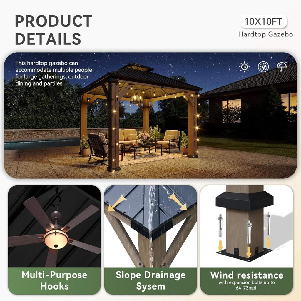 Premium Outdoor Cedar Wood Galvanized Steel Hardtop Gazebo (SAK23907)  - Saksby Wholesale - Product Details