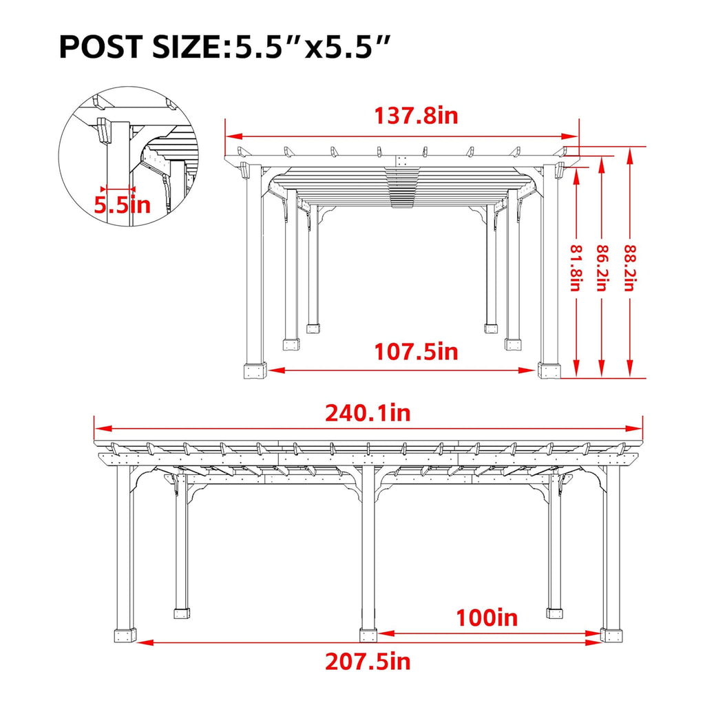 Premium Outdoor Cedar Wood Pergola With Slatted Roof (SAK87024) - Saksby Wholesale - 12X20FT Dimensions