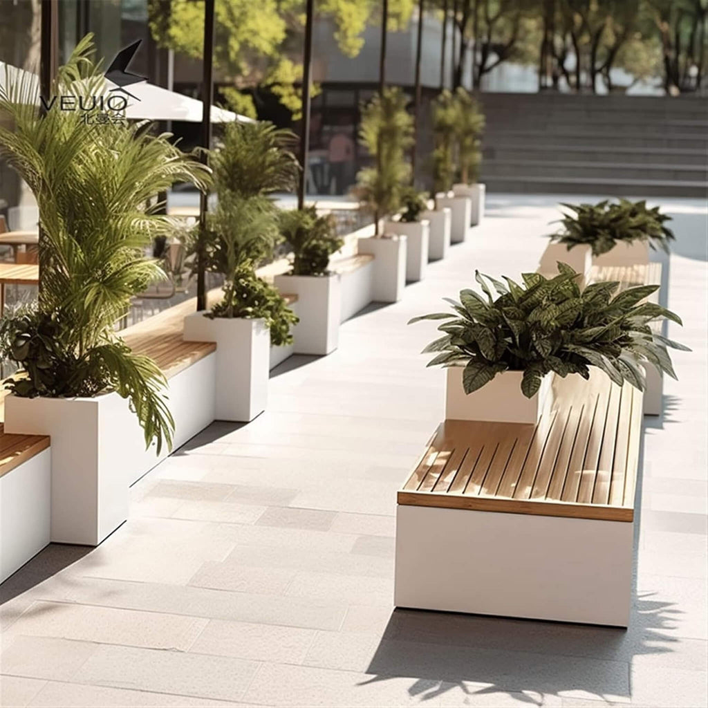 Premium Outdoor Industrial Metal Garden Bench With Wooden Seat And Planter [Made To Order] (SAK83951)