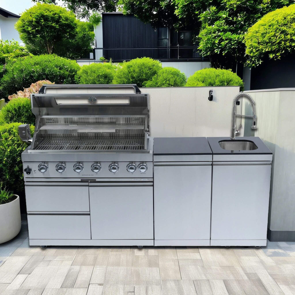 Premium Outdoor Kitchen Island With 43 Inch 6-Burner 85K BTU Propane Gas Grill, Rotisserie Kit, And Storage Cabinets (SAK95623) - Saksby Wholesale - Front Lifestyle View